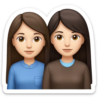generate me emojis of sisters, one should look older, the other younger. the older one has dark brown hair, long, straight, the younger one is slightly lighter, also straight, long. clothes are any in principle, the main thing is that they more or less look like each other sticker