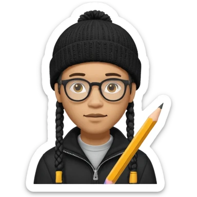 A creative young man with a pencil, glasses and a beanie. He holds a pen in his hand. He has dreadlocks, a slight moustache and bit of a beard. He's a lightskin blAsian man. He wears a black quarterzip jumper. sticker