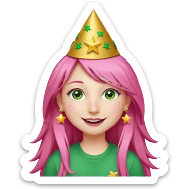 A girl with long pink hair and green eyes with long eyelashes and a smiley face. She has freckles and a lit of bit of pink lipstick on her mouth, she’s also got a full gold birthday party hat on her head with gold pom poms on top of it, and her T-shirt is all red, she wore gold star earrings  sticker