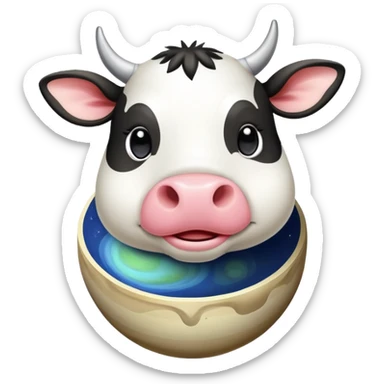A playful cow-Saturn hybrid with the cow's head on top of the ringed planet, udders visible underneath, and legs sticking out from the sides sticker