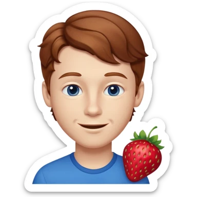 Please generate a portrait of a boy. He has wavy, light brown to reddish-brown hair, a right side parting, longer sideburns, blue eyes, a snub nose, and a somewhat pronounced, strawberry-red pout. He is smiling. sticker