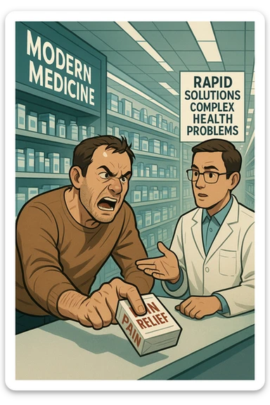 Cinematic Frustrated man at pharmacy counter demanding immediate pain relief medication, expression of impatience wanting instant symptom elimination, ignoring pharmacist's questions about underlying causes, grabbing prescription bottle eagerly, symptom suppression taking priority over healing, modern medicine aisle promising quick fixes for complex health problems" in italiano sticker