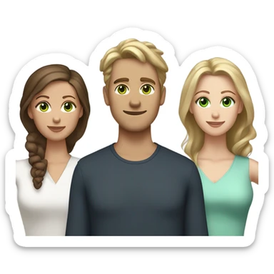 A white man with green eyes and medium brown wavy hair between two women, one white with blue eyes and dirty blond hair in a bun and the other woman white with long brown hair and brown sticker