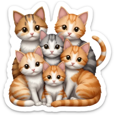 6 tiny kittens cuddling together all various different natural colours including grey and white, ginger and white, calico, grey, and brown tabby and white sticker
