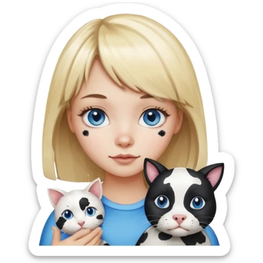 Cute cat black and white stain like a cow in the arms of a blond girl with bangs and blue eyes sticker