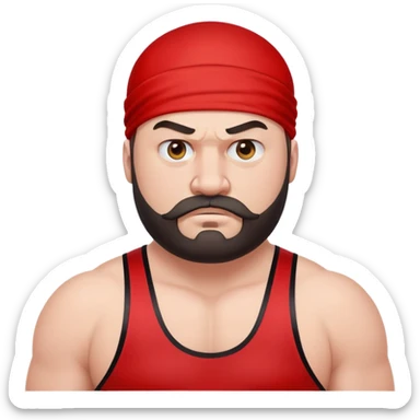 Close-up of extremely fat white skin guy with young face, beard and mustache, no muscle with prominent black durag, black eyes in a red and black wrestling singlet with angry face sticker