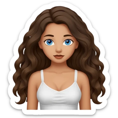 Girl with olive skin, blue eyes, brown dark insanely wavy long hair, white camisole, this pose 💁‍♀️ sticker