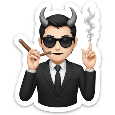Minimalist emoji-style sticker of a devilish producer in black suit, tiny horns, dark sunglasses, and a smoking cigar, grayscale tones, matte style sticker