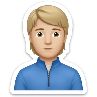 boy with dark blonde hair in a mullet with a neat blue shirt and quarter zip sticker