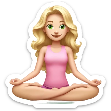 blonde long curled hair and green eyes yoga beautiful girl in light pink pink pink clothes sitting on a yoga mat sticker