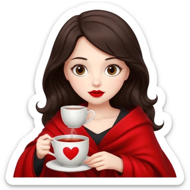 Long wavy dark brown haired, white skinned, dark big eyed girl with red lipstick wrapped in a red blanket, sipping tea and reading a book sticker