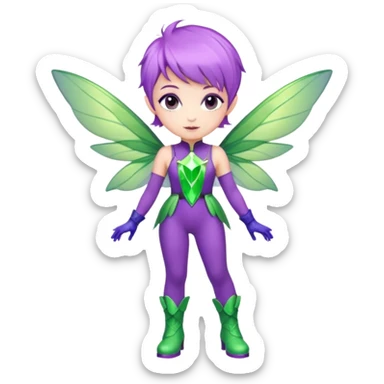 Fairy with violet pixie cut hair, green electric wings, light purple jumpsuit and purple boots with light purple gloves and a green gem on her chest sticker
