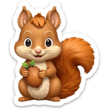 A 3D cartoon squirrel holding an acorn, fluffy tail curled up, orange-brown fur, happy face, soft natural light, Memoji-style look. sticker