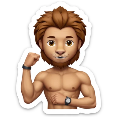 A 3D cartoon man with a detailed lion head tattoo on his upper arm, strong pose, smooth shading, Memoji-style realism. sticker