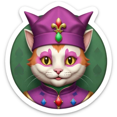 court jester cat medieval, single poker card joker clearly visible, pink, face only, round badge,  court jester cap sticker