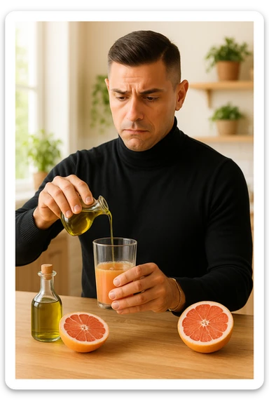 A realistic, warm-toned photo-style image of a man in his kitchen preparing a liver and gallbladder flush. On the counter, there is a small glass bottle of high-quality extra virgin olive oil with a rich green hue, and a freshly cut pink grapefruit with a small glass of its juice next to it. The man, in his mid-30s, looks focused and slightly apprehensive as he mixes the olive oil and grapefruit juice in a clear glass, preparing to drink it as part of a natural gallbladder cleanse. The background is clean, bright, and minimalist with wooden countertops, green plants, and sunlight coming through the window, giving a sense of natural health practices. The mood conveys a realistic moment of alternative health care, illustrating the preparation and intention for a natural flush to address gallstones, while maintaining a calm, educational, and hopeful tone in italiano sticker