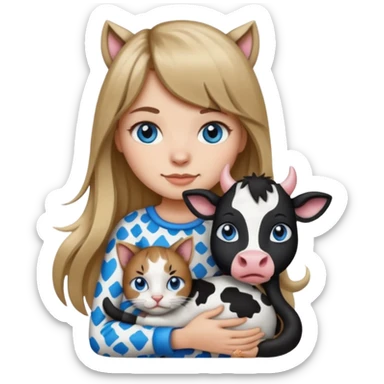 Apple-style emoji sticker of a young woman with long dark blond hair and bang, blue eyes , holding a cat black and white like a cow patch on her chest.  sticker