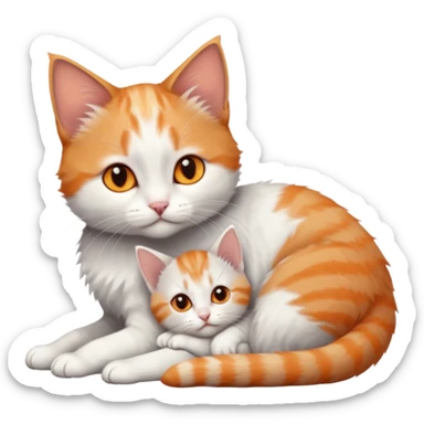 full body of very small + skinny ginger and white kitten with deep orange eyes and triangular shaped face lying down cuddling a grey and white kitten who is a bit bigger than him sticker