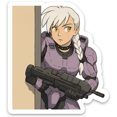 female, wearing reach spartan armor default, long white braid hair with massive messy front side single bangs, gold yellow eyes, attention pose, HALO:series, no helmet, the armor is lavender color scheme, shoulder pad off. DDD bust size fitting. Punk gothic cyberpunk, peeking around a corner wall brandishing a classic halo1 AR sticker