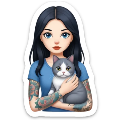 Cool girl with long black hair and tattoos holding a british shorthair blue white cat sticker