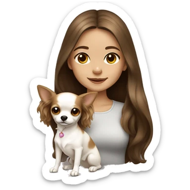 medium wavy brown hair girl with white long haired Chihuahua (with light brown ears) sticker