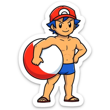 Hot handsome very muscular 6ft 5inch tall smiling happy fun shirtless Ash Ketchum coming out of a pokeball in short swimwear  sticker