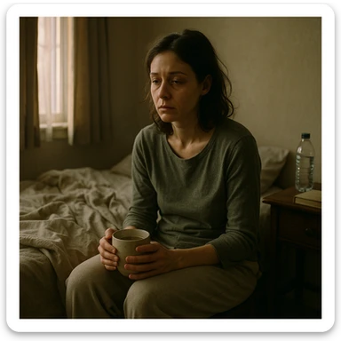 A cinematic, realistic morning scene: a woman in her early 30s, pale and tired, sits on her bed, slouched, with dark circles under her eyes. She wears loungewear, holds herbal tea, and is surrounded by a cozy, slightly messy bedroom—blanket, water bottle, book on the nightstand. Soft natural light from the window highlights her exhausted expression, conveying the invisible struggle of chronic fatigue syndrome with dignity and a gentle, compassionate aesthetic. sticker