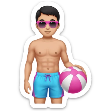 Hawaiian male with black hair with pink highlights and a swim short, with beach ball with sunglasses sticker