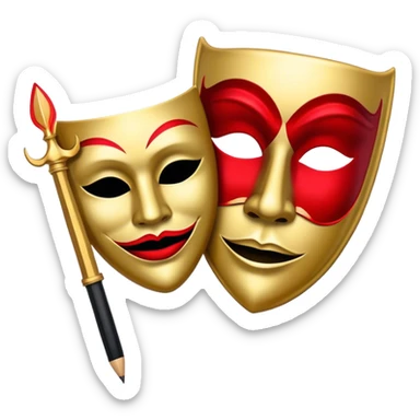 Create a bold and dramatic emoji representing the art of playwriting. The design should feature an open script or a theater playbook, with stylized text lines or dramatic dialogue inside. Include elements like a theatrical comedy and tragedy masks, a stage spotlight, or a writting quill to symbolize creativity and performance. Use deep, contrasting colors like red, black, and gold to evoke the intensity and passion of drama. The overall design should feel dramatic, inspiring, and artistic. Make the background transparent. sticker