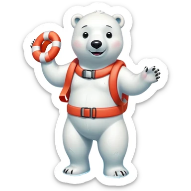 full body friendly anthropomorphised polar bear smiling wearing colorful swim suit and scuba goggles holding red and white life buoy standing in small puddle sticker