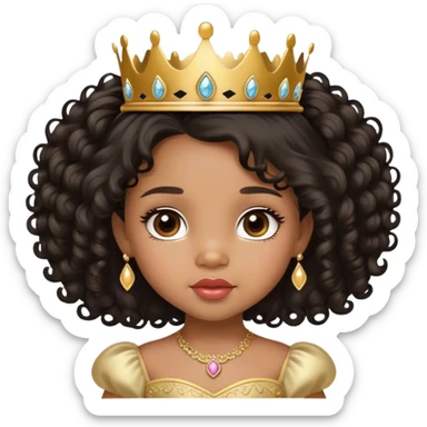 princess, medium brown skin tone, very adorable toddler, with big plump lips, long long lashes, black curly long hair, brown eyes, gold tiara sticker