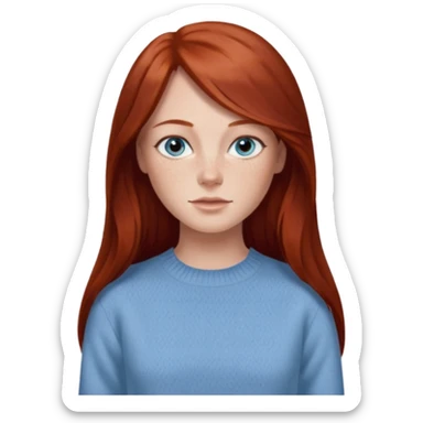 woman with long dark auburn red hair that is mostly straight but has slight waves to it. grey blue eyes. some freckles. wearing a Swedish style sweater that is neutral. the image on the right is closer sticker