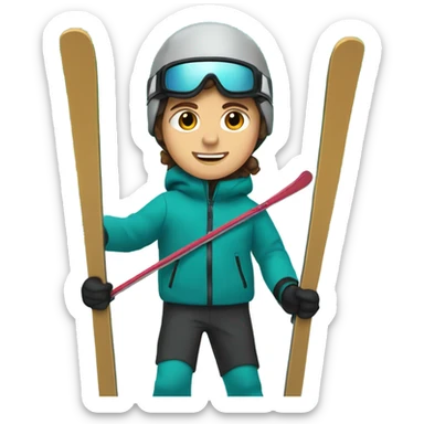 white Boy with wavy brown hair skiing on teal skis. He is wearing a gray coat and black snow pants  sticker