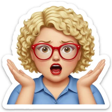 blonde woman with short curly hair, slightly overweight, wearing red-framed glasses, shouting with hands on sides of mouth, angry and proud expression sticker