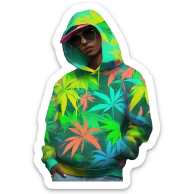 Hemp leaves Multicoloured neon person smoking wearing hoodie dancing hip hop bucket hat tropical Skater fashion aesthetic baggy clothes graphic t shirt 420 sticker