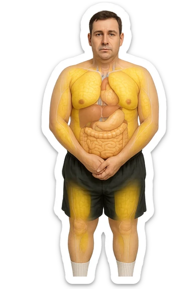 a middle-aged man stands in a clinical setting, with semi-transparent overlays highlighting areas of excess body fat accumulation—such as the abdomen, chest, and thighs. The fat tissue is shown in yellow, contrasting with underlying muscles and organs. The man’s expression is neutral, and the background is clean and modern, emphasizing the educational aspect. senza scritte sticker