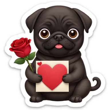 black pug holding valentine’s day card and flowers sticker
