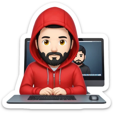 Emoji-style male coder with black hair, beard, white skin, wearing a red hoodie (hood down), coding at a plain desktop monitor. No logos. In clean, modern 3D emoji style like Apple Memoji. sticker