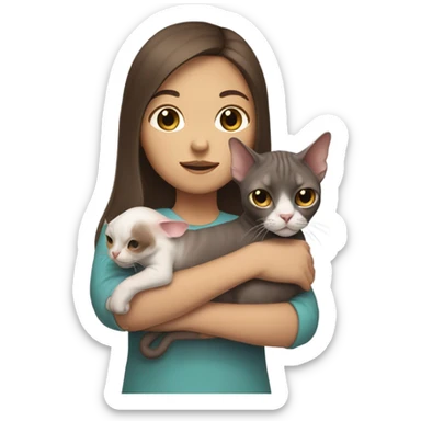 A white asian girl with brown long hair holds a sphinx cat in her arms sticker