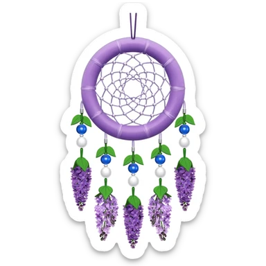 Lavender lilac pastel purple dreamcatcher-suncatcher with lavender flowers and lilac flowers attached, blue beads, and white beads, green leaves sticker