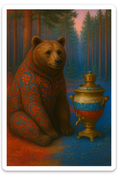 Add subtle Russian flag colors (white, blue, red) to the samovar or background, keeping the realistic style and pine forest setting. Maintain the realistic style with pine forest background and integrate the flag colors subtly on the samovar or in the background. sticker