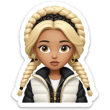 generate a pretty bratz girl with a WHITE puffer jacket, hoops, long braided hair black sticker