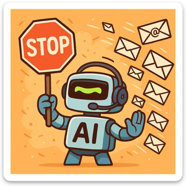 A cartoonish AI email bouncer, with a visor and headset, holding a stop sign in front of a stream of flying emails, playful and techy sticker