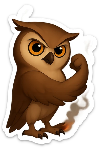 Точно такая же картинка и поза, только хвост совы слегка подгоревший и от него идет дымок, прозрачный фон sticker