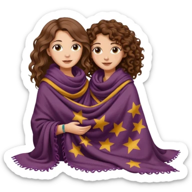 star blanket scene — long wavy brown hair tattooed woman and short tight curly brown hair woman — sharing oversized scarf blanket sticker