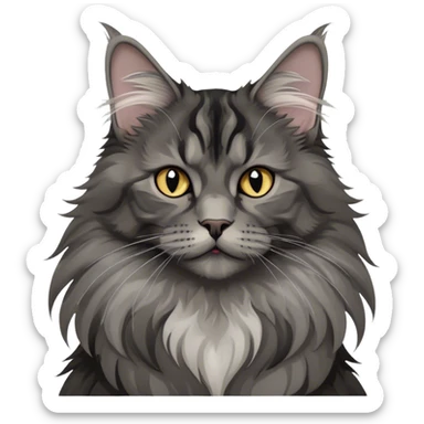 Hobby cats, Maine Coon, black smoke color pattern, fluffy fur, elegant pose, expressive eyes, grey collar, grey pronounced ear tufts, minimalistic, on a white background, no extra details. sticker