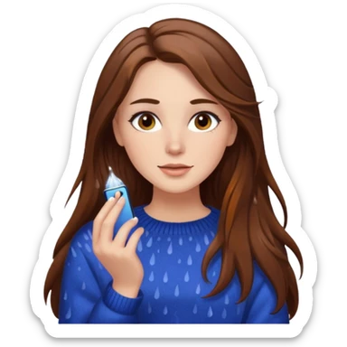 white woman with long brown hair and brown eyes, wearing a sweater, enjoying the rain, with visible makeup sticker