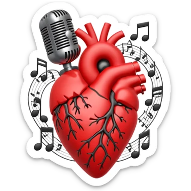 anatomical heart with a classic microphone embedded, music notes floating around, romantic sticker