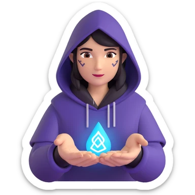 Add glowing magical runes floating around the hooded figure's hands in the microsoft style 3d fluent emoji look, keeping the transparent background. sticker