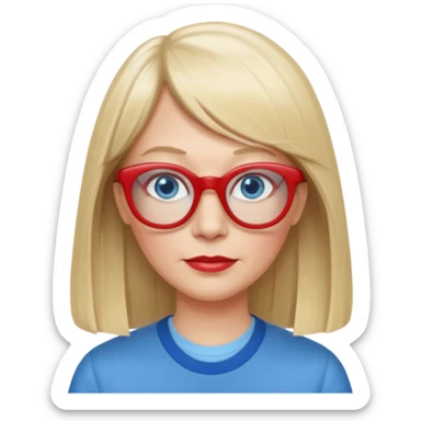 50 yr old white woman, pale skin, long straight blond hair parted in center, blue eyes, bangs, clothes for school, big red glasses, oval face,  sticker